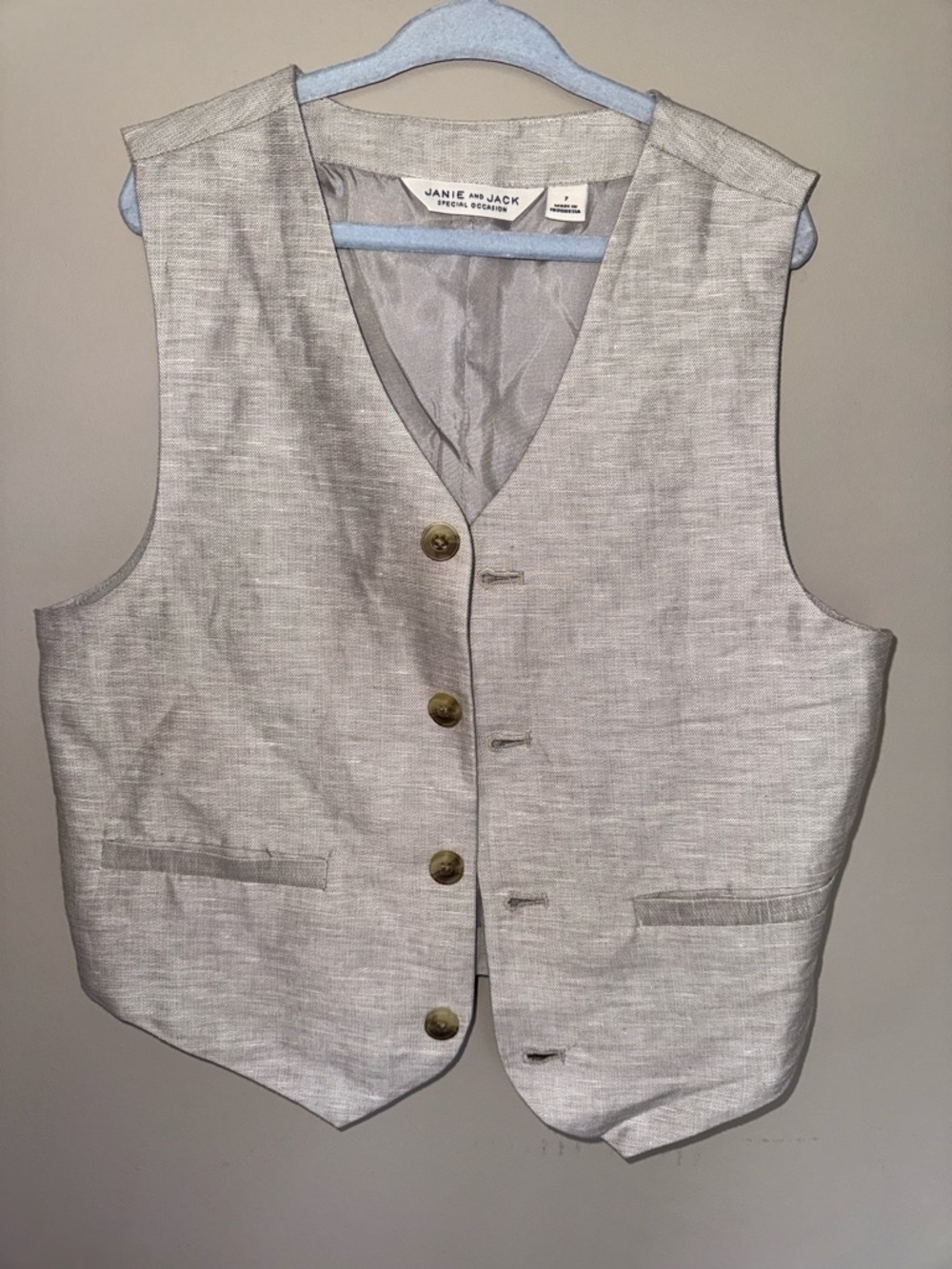 Janie and Jack Boys size 7 Light Gray Linen-Blend Button Vest